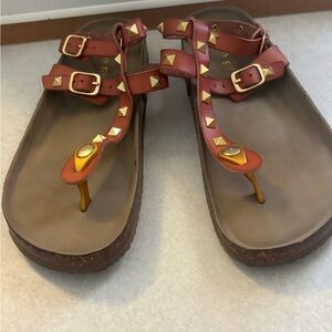 Madden Girl Barnaby Studded T-Strap Brown Sandals with Gold Studs